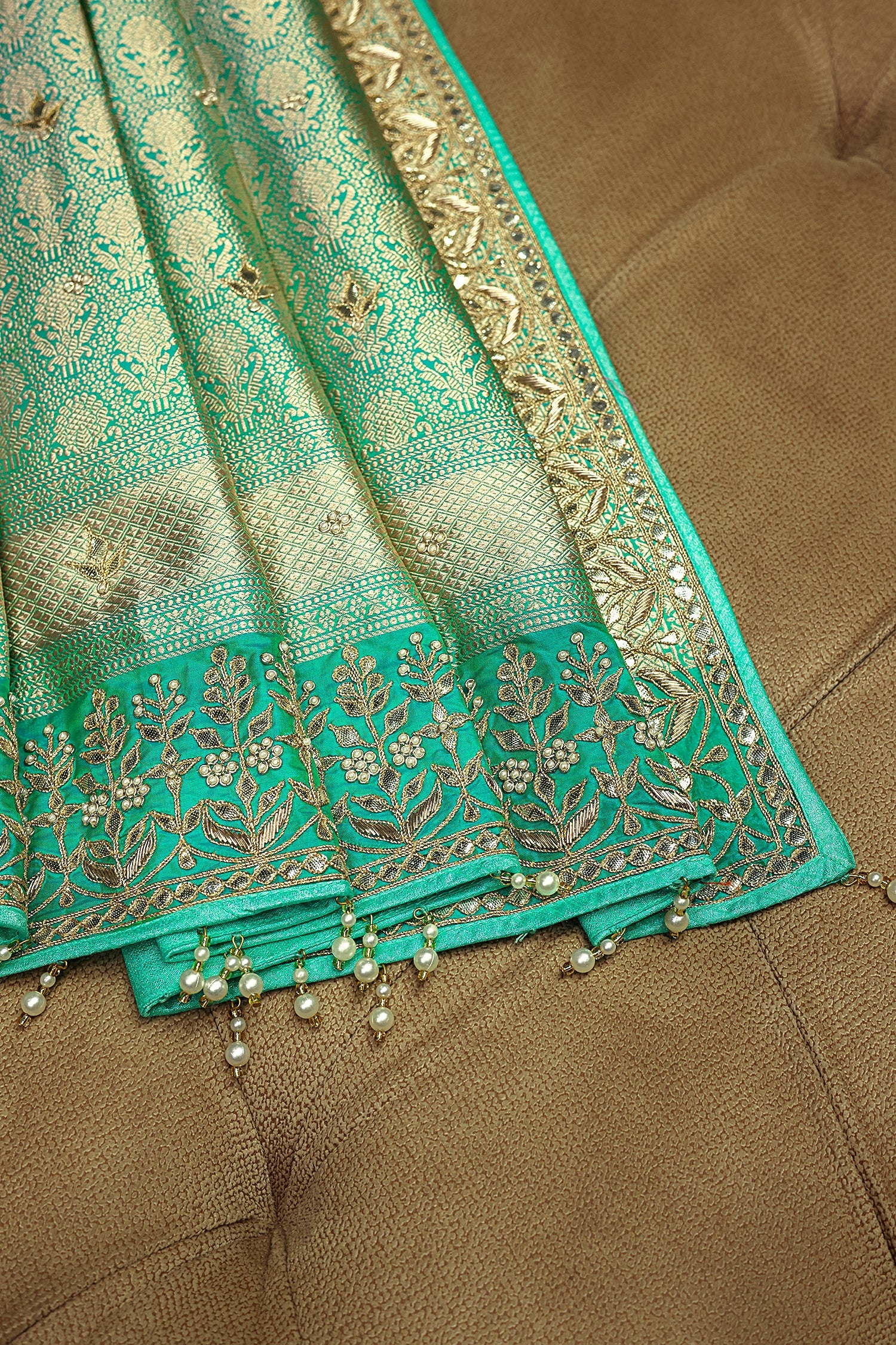 Sea Green Banarasi Silk Traditional Floral Woven Saree with Gota Beads Work - green silk saree
