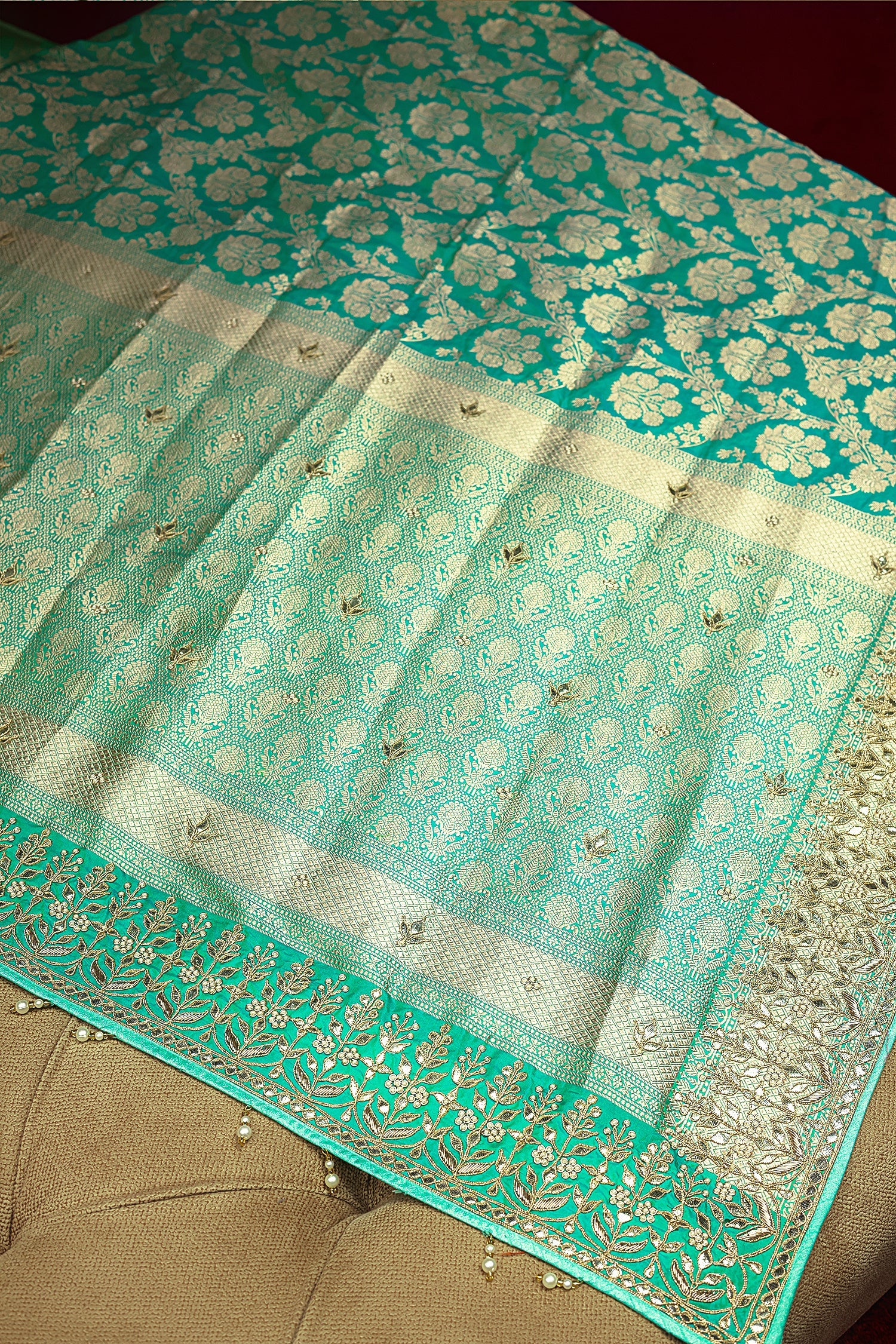 Sea Green Banarasi Silk Traditional Floral Woven Saree with Gota Beads Work - green silk saree