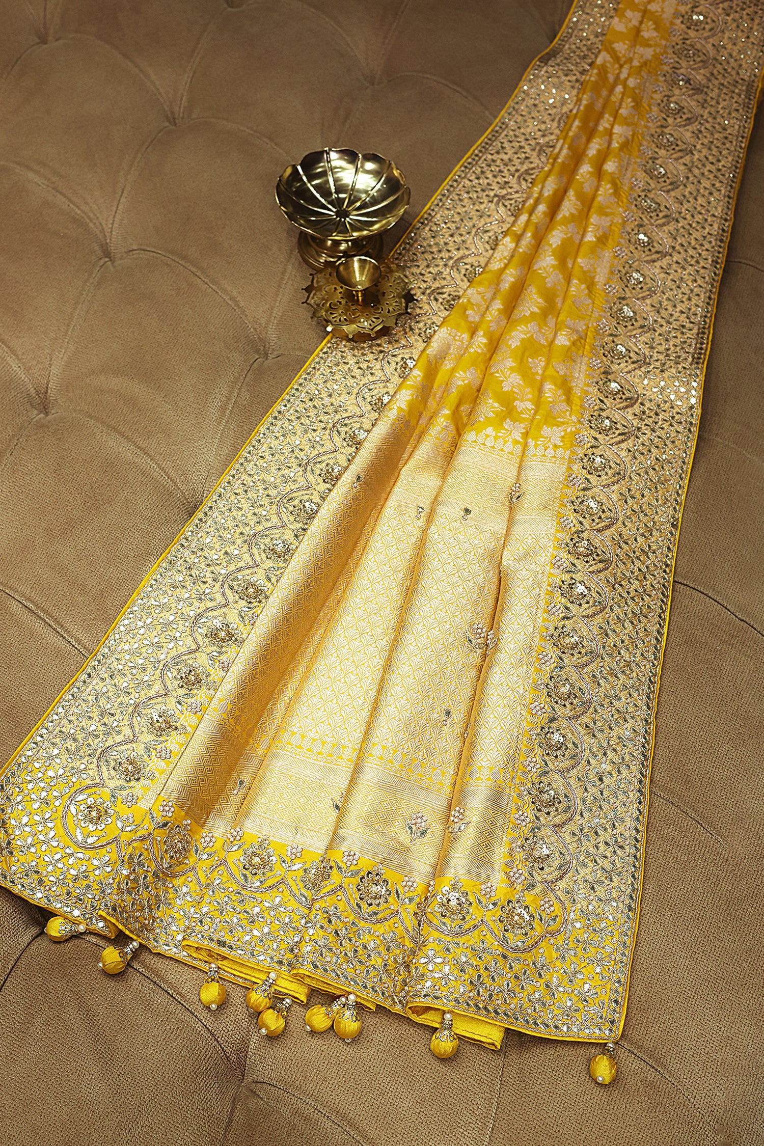 Yellow Banarasi Silk Traditional Woven Saree with Zardosi Gota Work - yellow silk saree