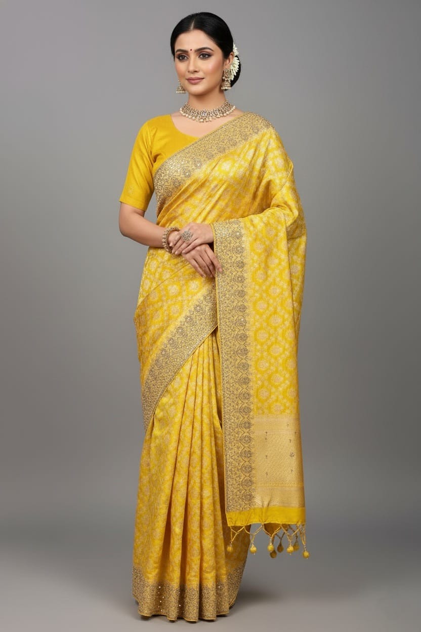 Yellow Banarasi Silk Traditional Woven Saree with Zardosi Gota Work - yellow silk saree
