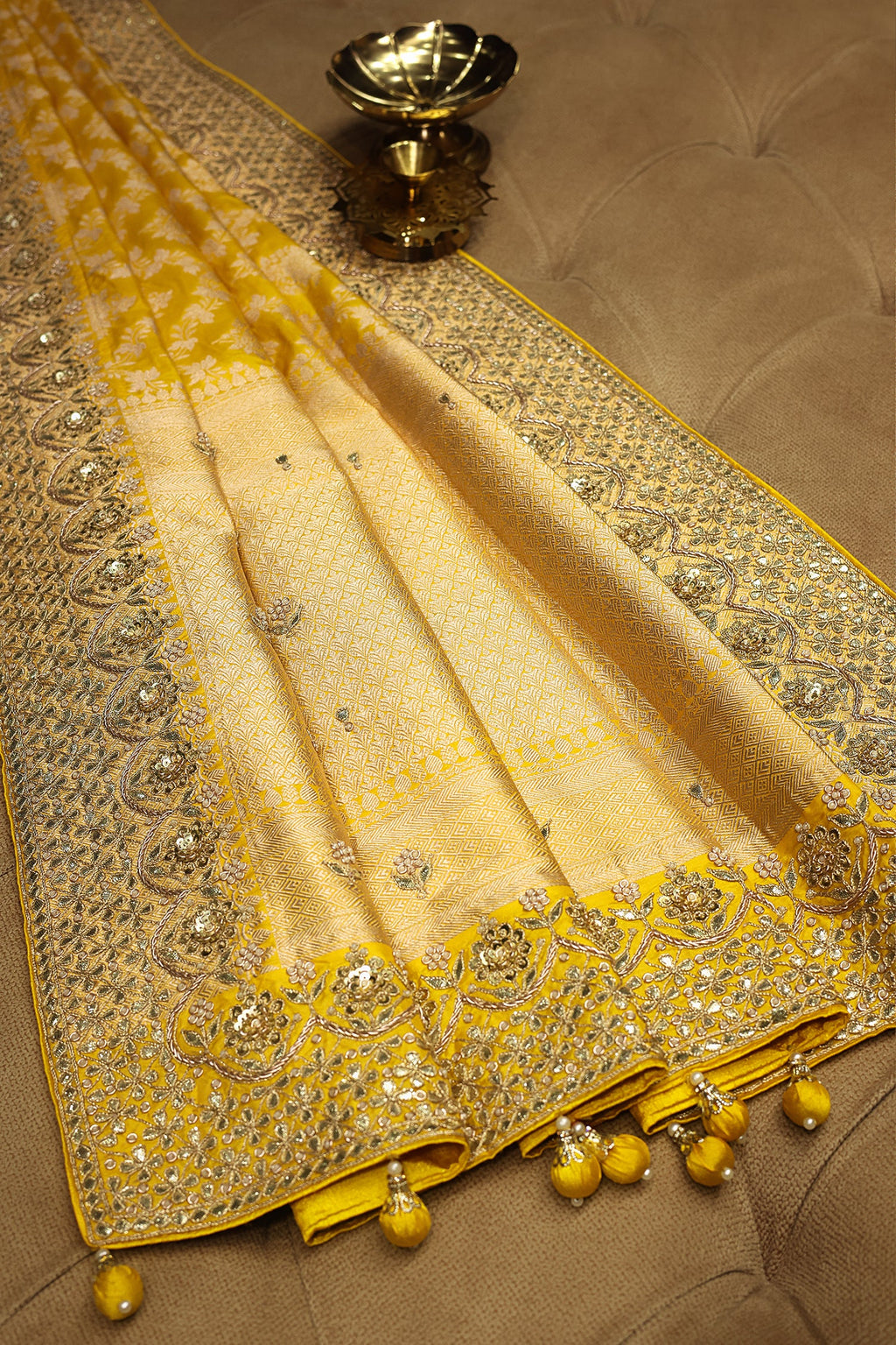 Yellow Banarasi Silk Traditional Woven Saree with Zardosi Gota Work - yellow silk saree