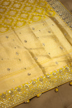 Yellow Banarasi Silk Traditional Woven Saree with Zardosi Gota Work - yellow silk saree