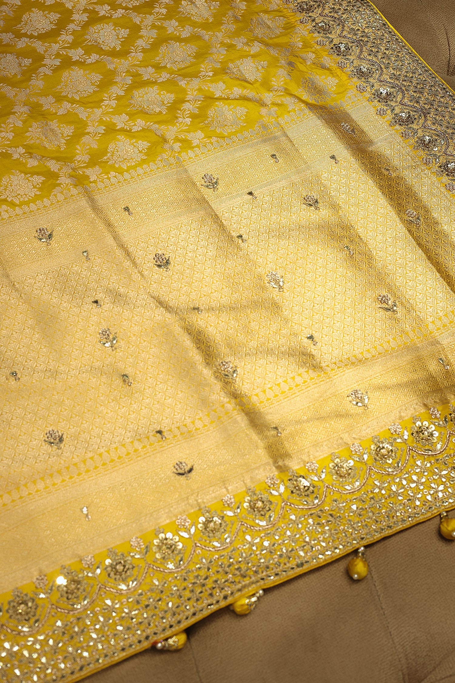 Yellow Banarasi Silk Traditional Woven Saree with Zardosi Gota Work - yellow silk saree