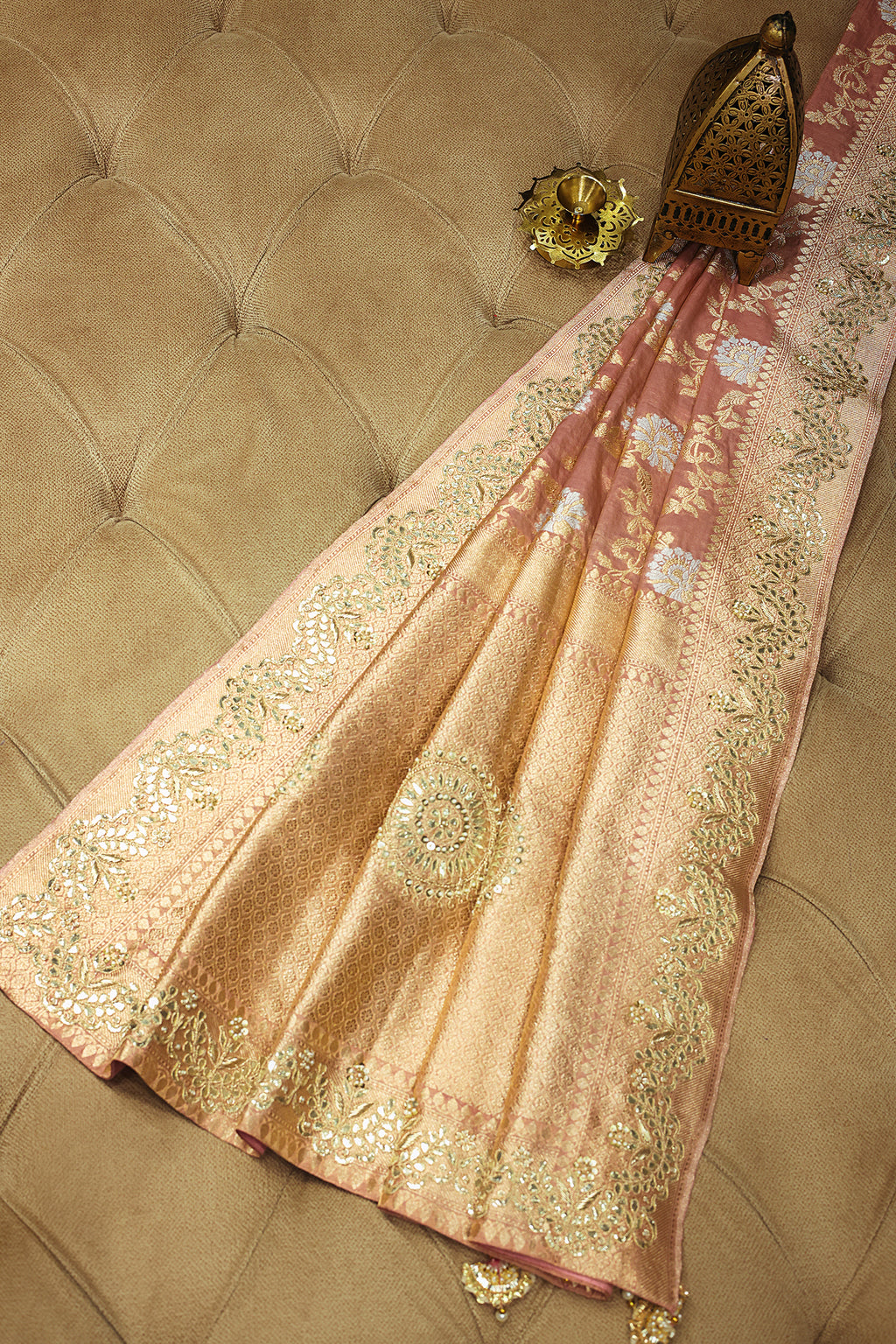 Dusty Peach Banarasi Silk Floral Woven Saree with Gota and Beads Work - peach silk saree