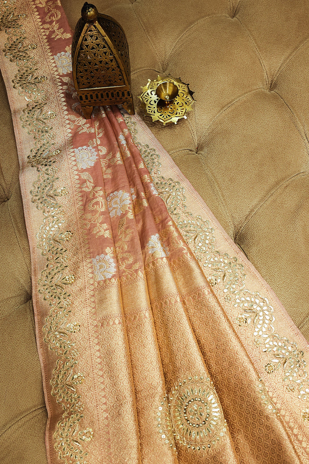 Dusty Peach Banarasi Silk Floral Woven Saree with Gota and Beads Work - peach silk saree