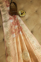 Dusty Peach Banarasi Silk Floral Woven Saree with Gota and Beads Work - peach silk saree