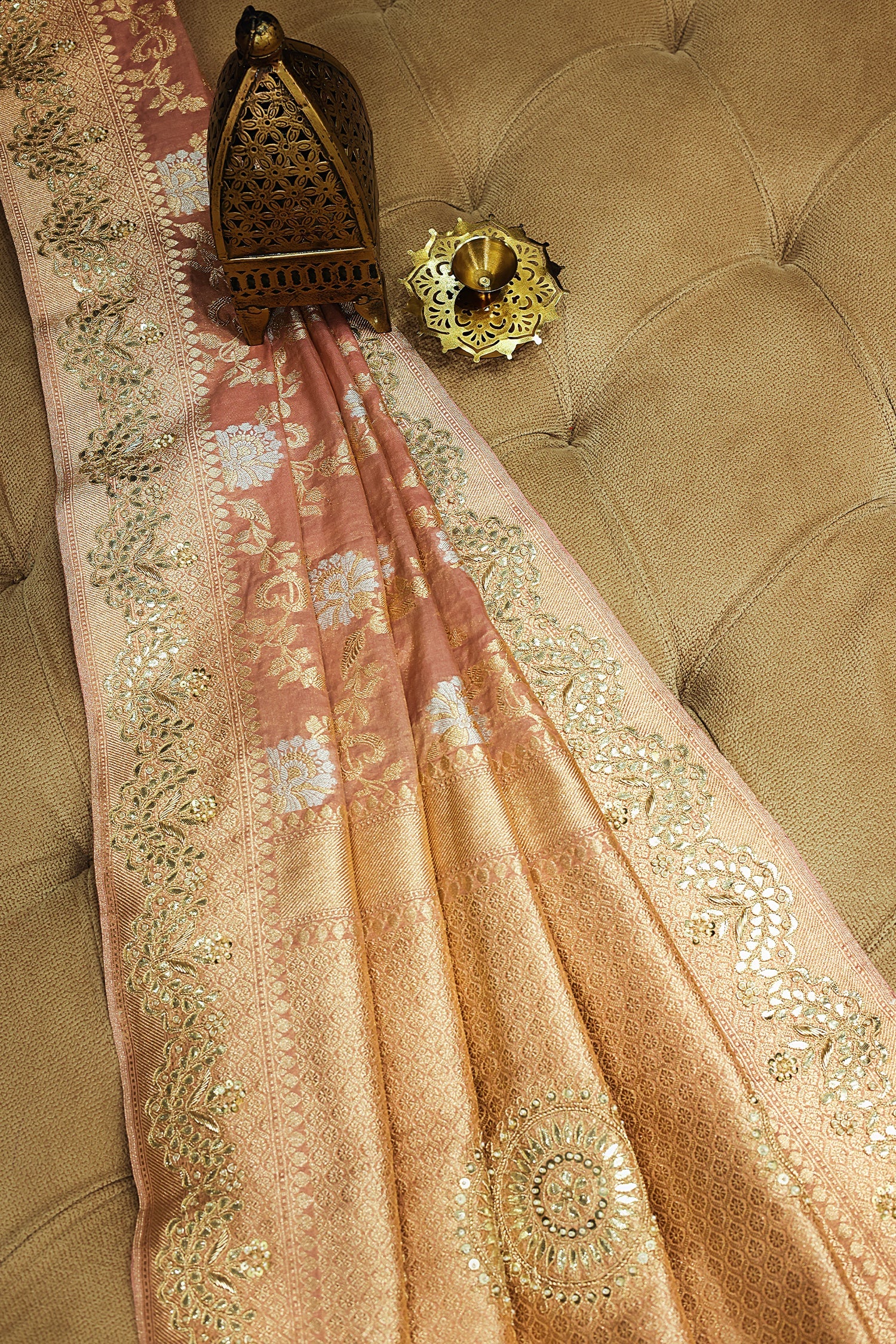 Dusty Peach Banarasi Silk Floral Woven Saree with Gota and Beads Work - peach silk saree
