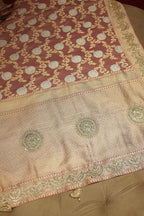 Dusty Peach Banarasi Silk Floral Woven Saree with Gota and Beads Work - peach silk saree
