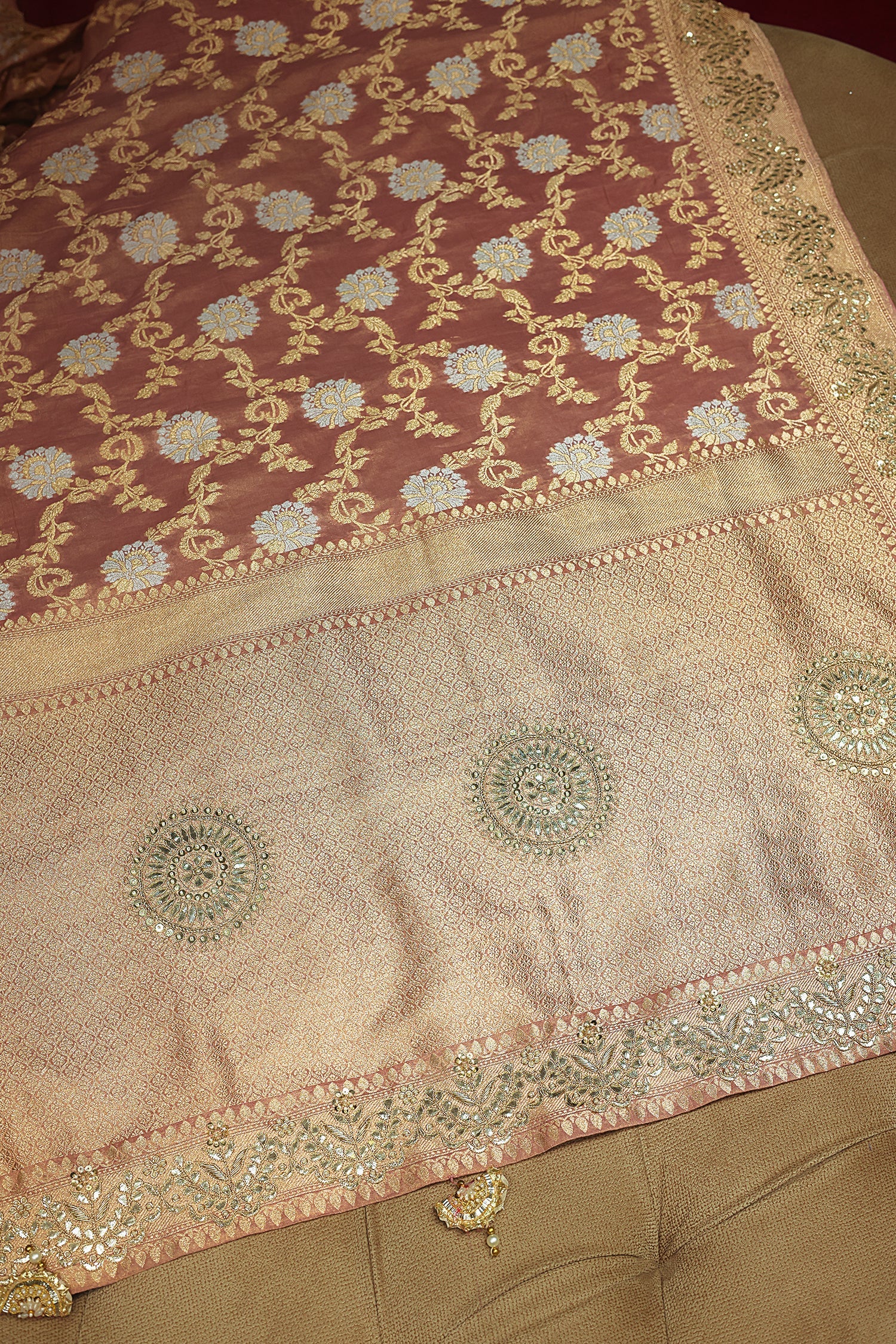 Dusty Peach Banarasi Silk Floral Woven Saree with Gota and Beads Work - peach silk saree