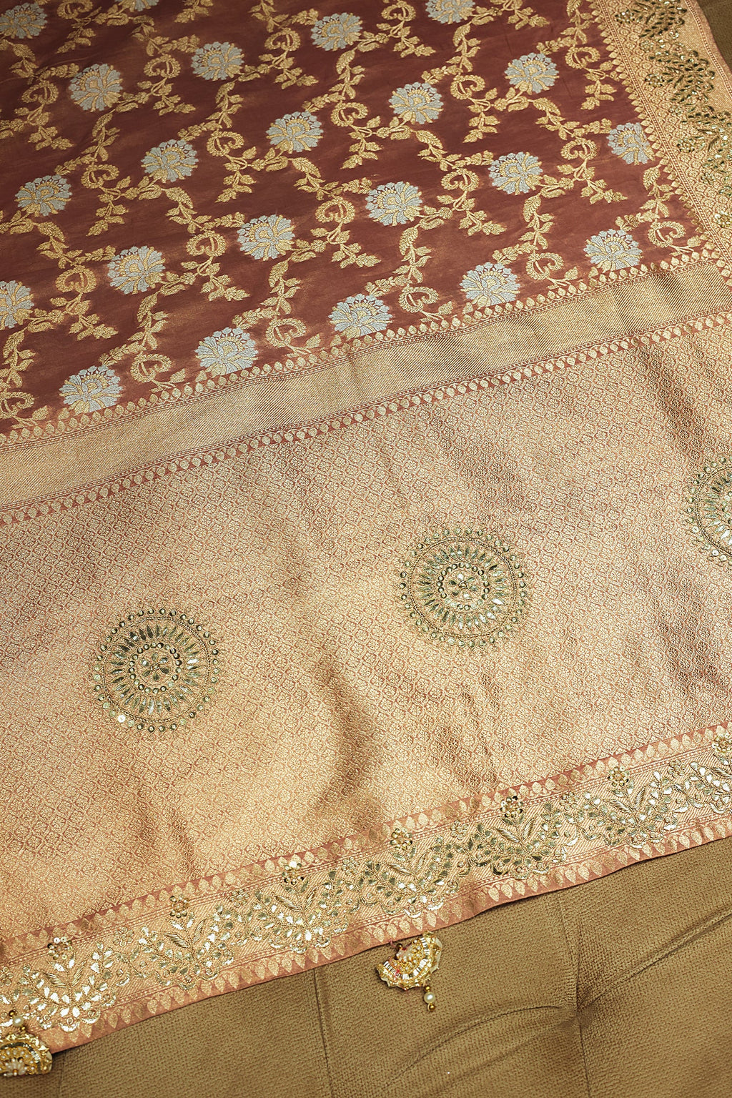 Dusty Peach Banarasi Silk Floral Woven Saree with Gota and Beads Work - peach silk saree
