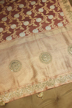 Dusty Peach Banarasi Silk Floral Woven Saree with Gota and Beads Work - peach silk saree