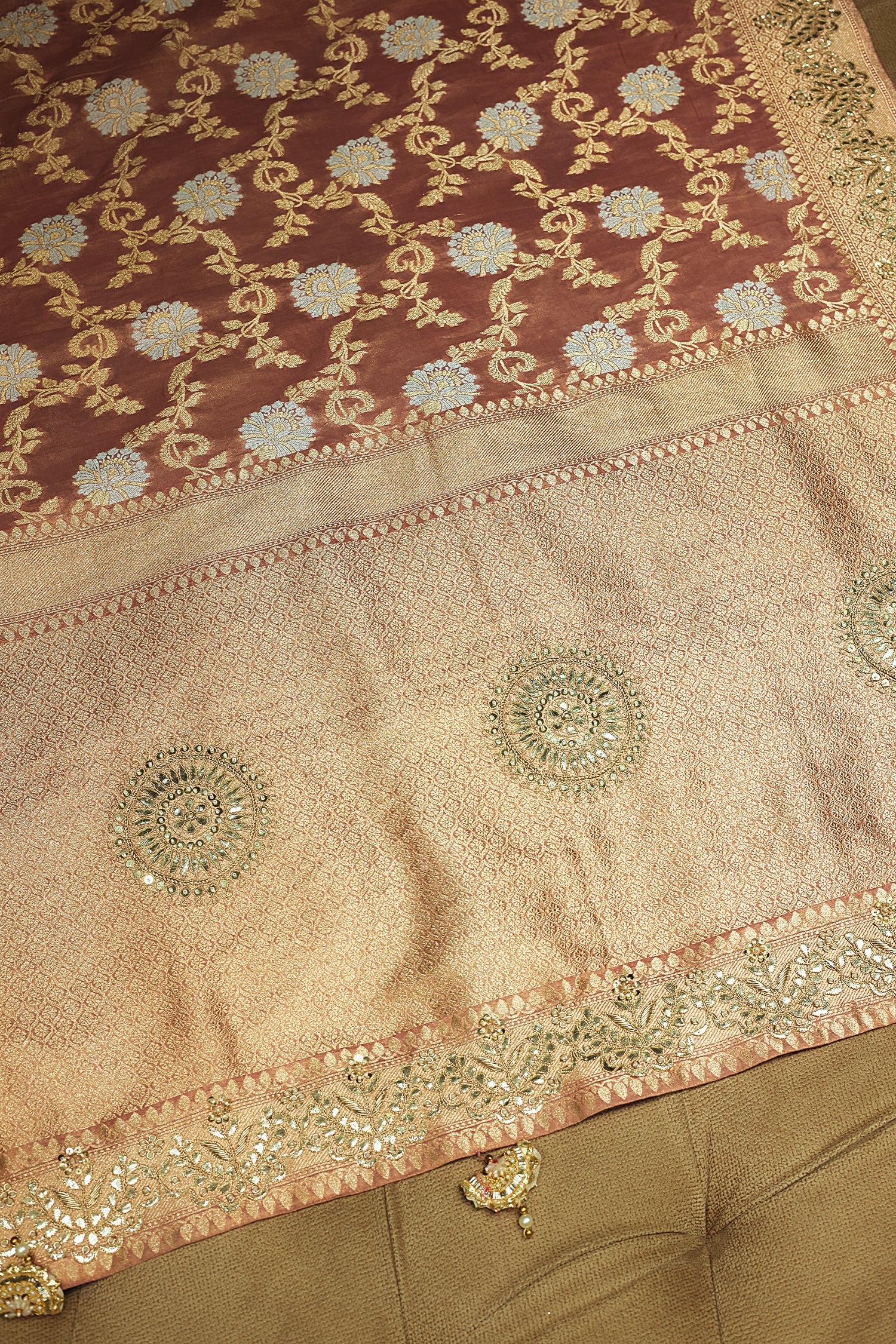 Dusty Peach Banarasi Silk Floral Woven Saree with Gota and Beads Work - peach silk saree