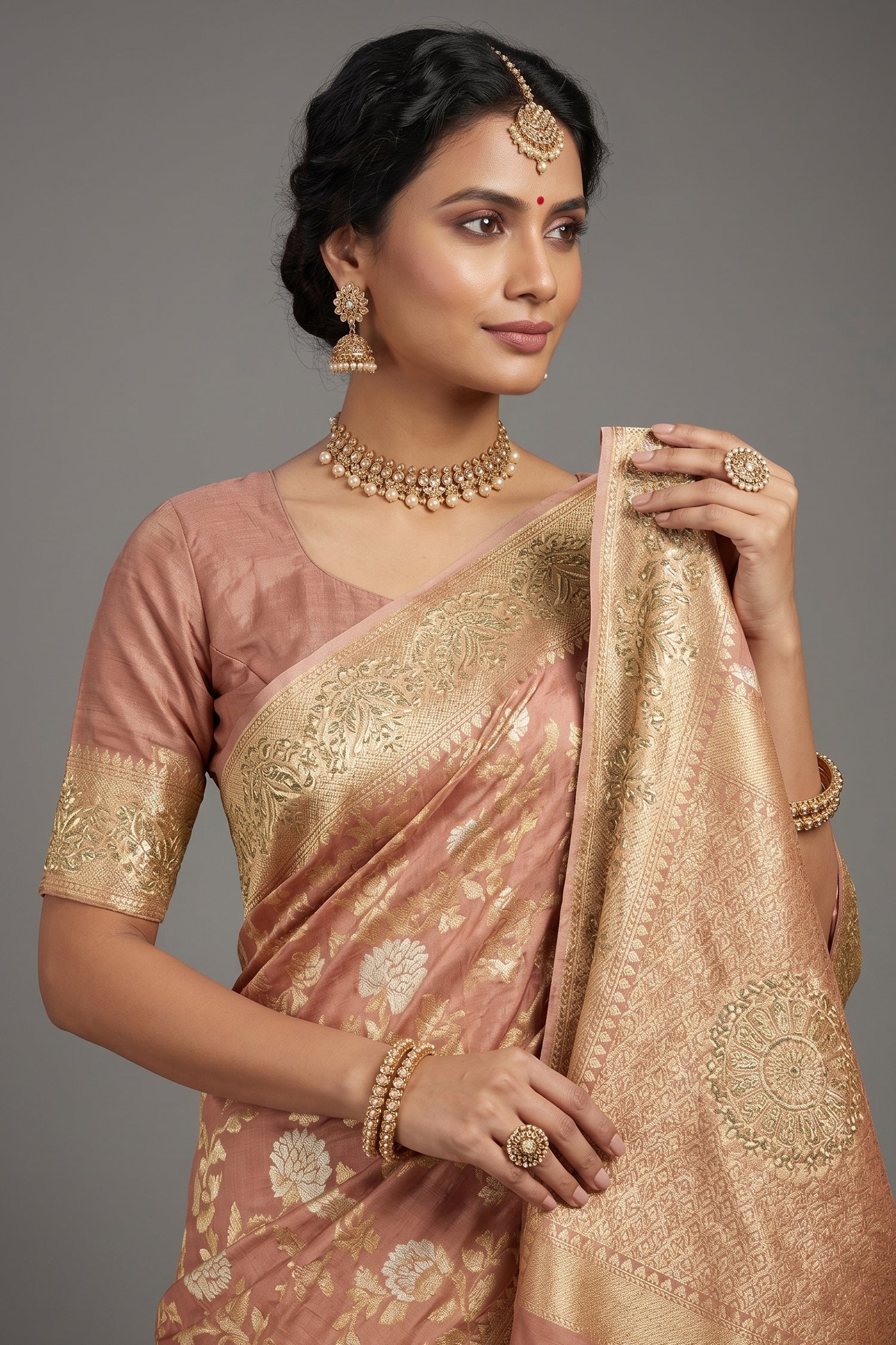 Dusty Peach Banarasi Silk Floral Woven Saree with Gota and Beads Work Secondary image