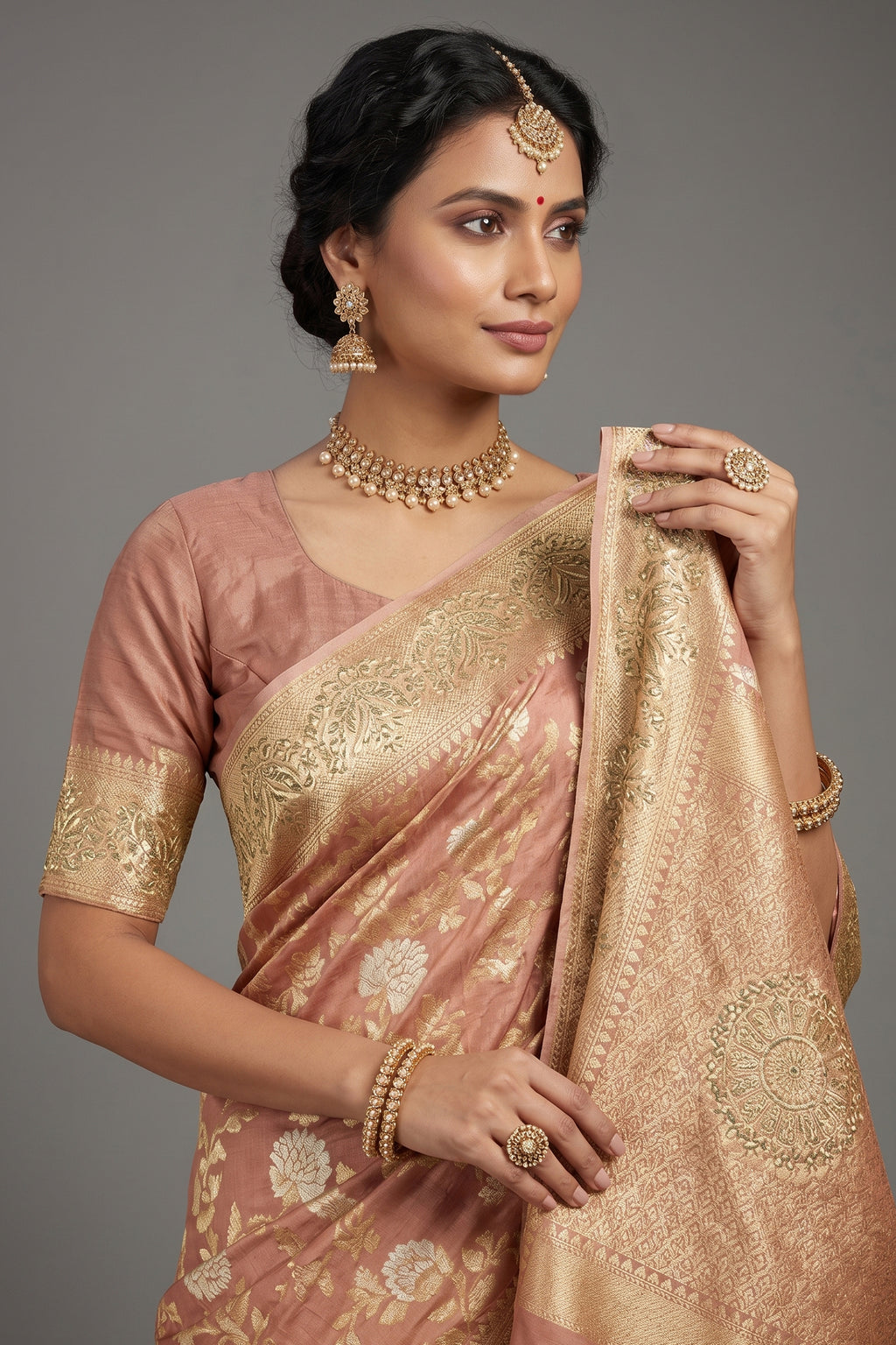 Dusty Peach Banarasi Silk Floral Woven Saree with Gota and Beads Work - peach silk saree