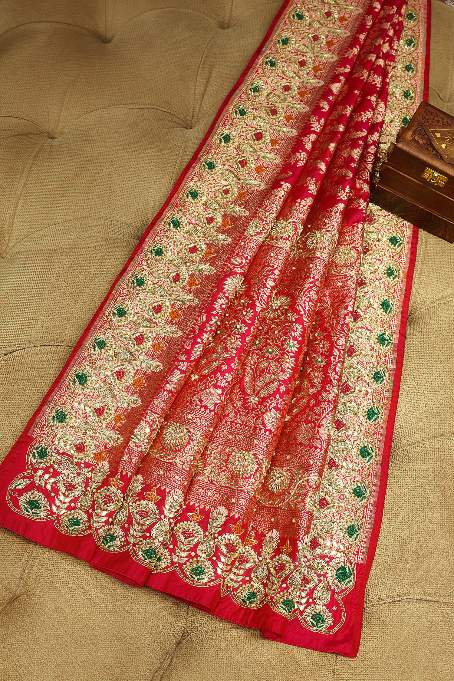 Rani Pink Banarasi Silk All Over Woven Saree with Handwork - pink silk saree