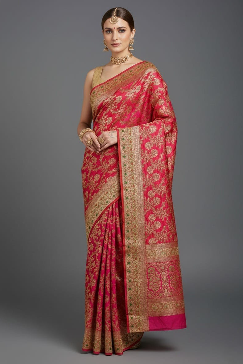 Rani Pink Banarasi Silk All Over Woven Saree with Handwork - pink silk saree