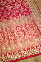 Rani Pink Banarasi Silk All Over Woven Saree with Handwork - pink silk saree