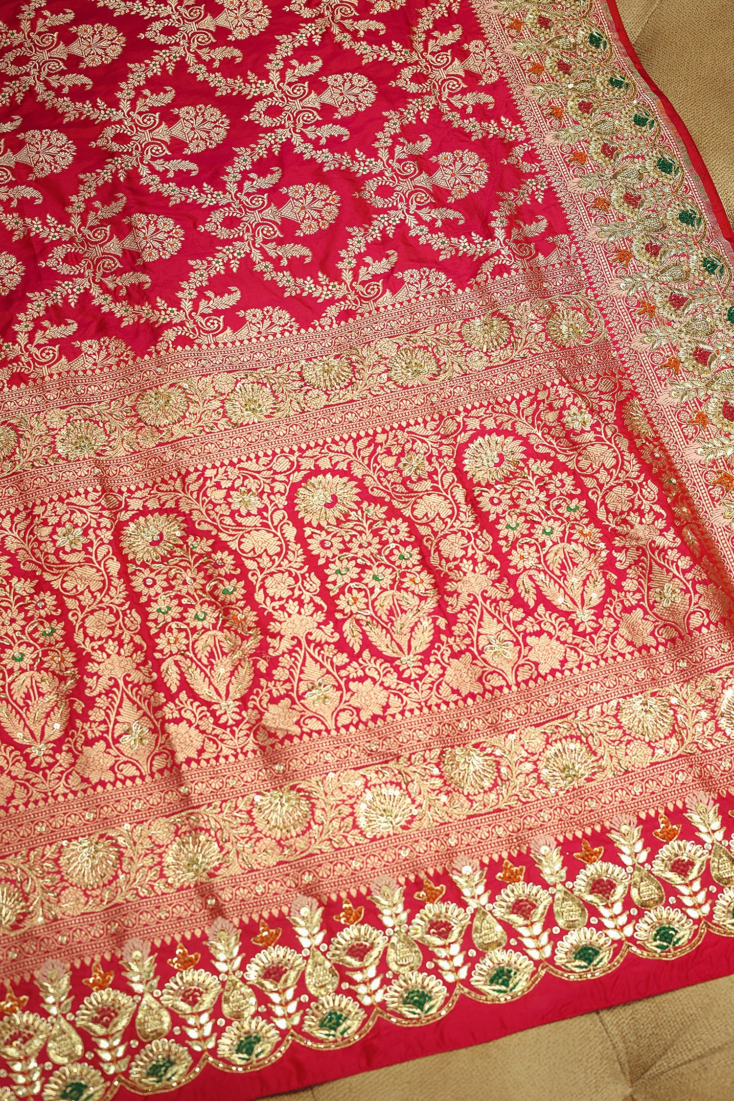 Rani Pink Banarasi Silk All Over Woven Saree with Handwork - pink silk saree