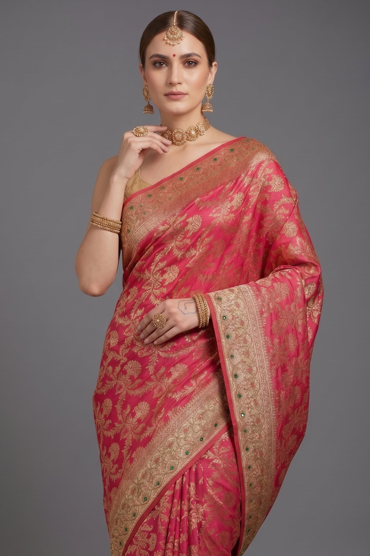 Rani Pink Banarasi Silk All Over Woven Saree with Handwork - pink silk saree