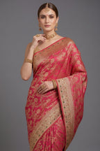 Rani Pink Banarasi Silk All Over Woven Saree with Handwork - pink silk saree