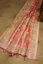 Rose Pink Banarasi Silk Traditional Floral Woven Saree with Beads and Zardosi Work - pink silk saree