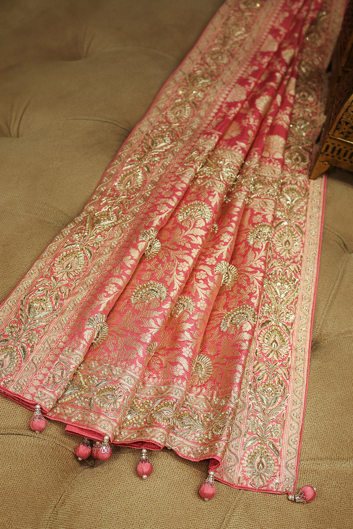 Rose Pink Banarasi Silk Traditional Floral Woven Saree with Beads and Zardosi Work - pink silk saree