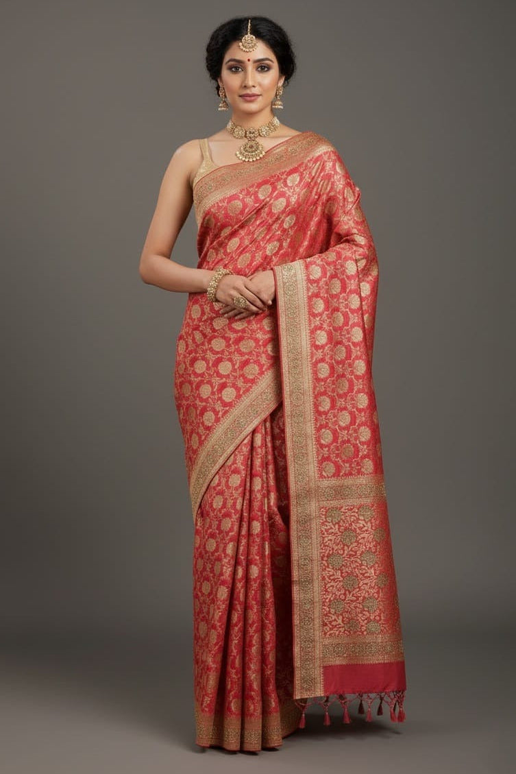 Rose Pink Banarasi Silk Traditional Floral Woven Saree with Beads and Zardosi Work - pink silk saree