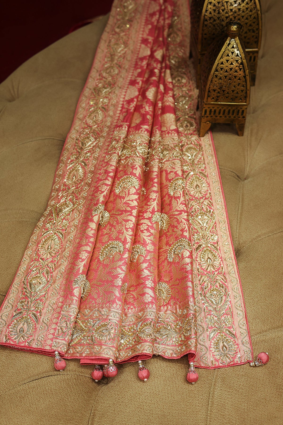 Rose Pink Banarasi Silk Traditional Floral Woven Saree with Beads and Zardosi Work