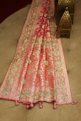 Rose Pink Banarasi Silk Traditional Floral Woven Saree with Beads and Zardosi Work