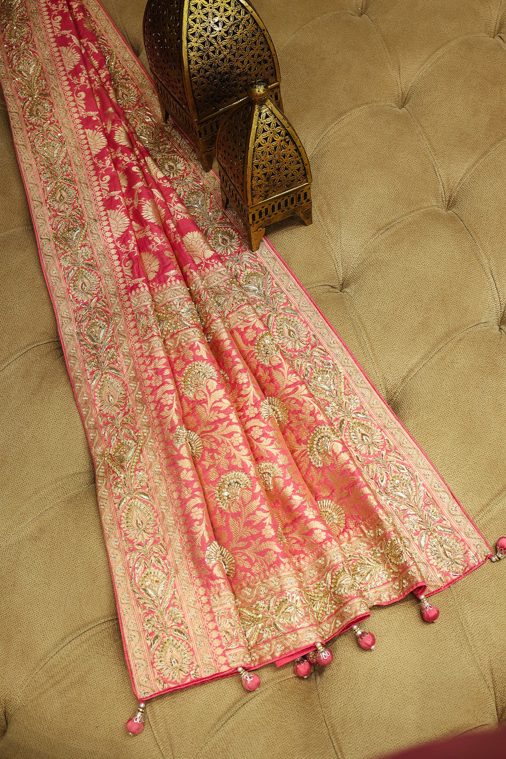 Rose Pink Banarasi Silk Traditional Floral Woven Saree with Beads and Zardosi Work - pink silk saree