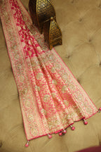 Rose Pink Banarasi Silk Traditional Floral Woven Saree with Beads and Zardosi Work - pink silk saree