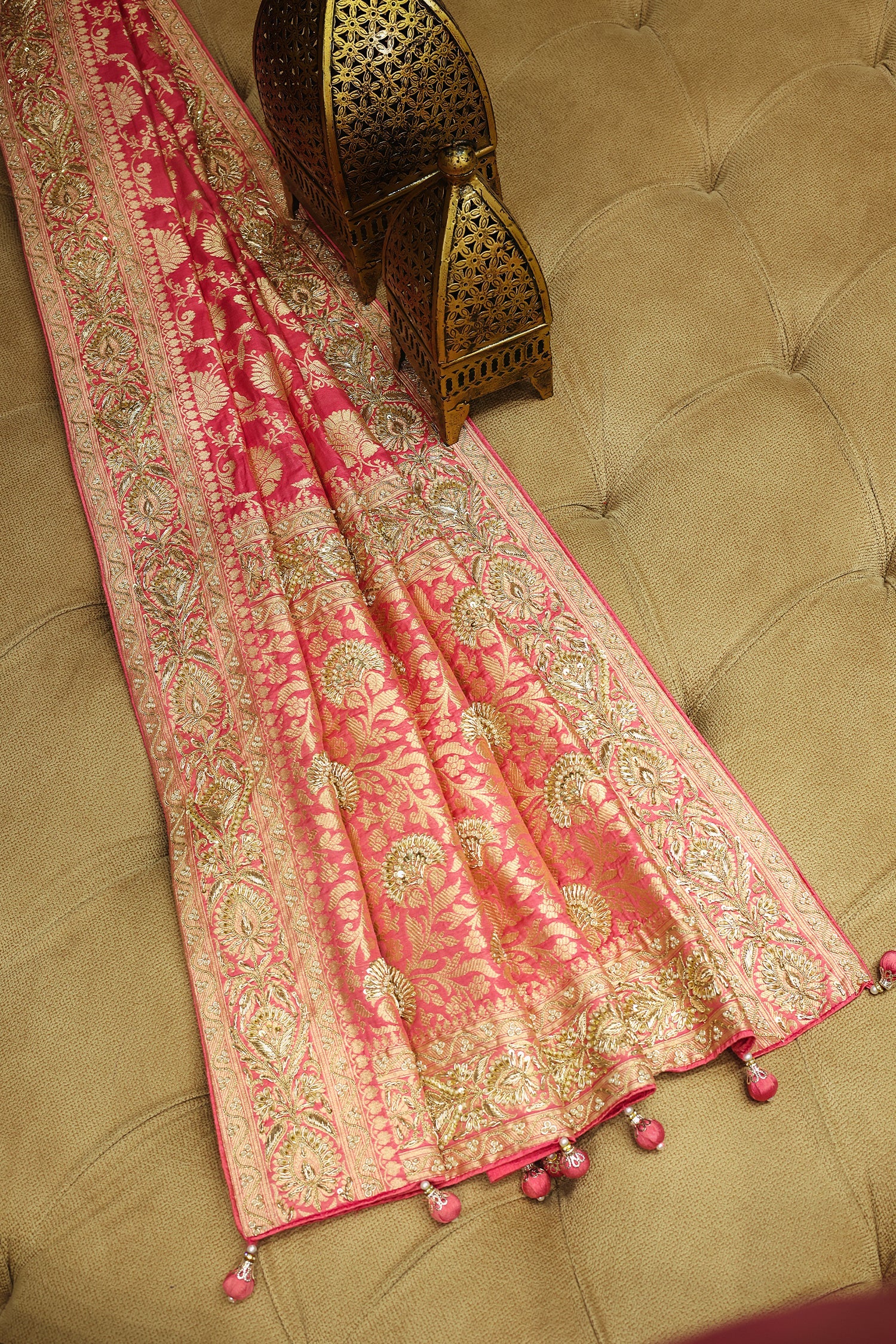 Rose Pink Banarasi Silk Traditional Floral Woven Saree with Beads and Zardosi Work - pink silk saree