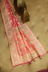 Rose Pink Banarasi Silk Traditional Floral Woven Saree with Beads and Zardosi Work