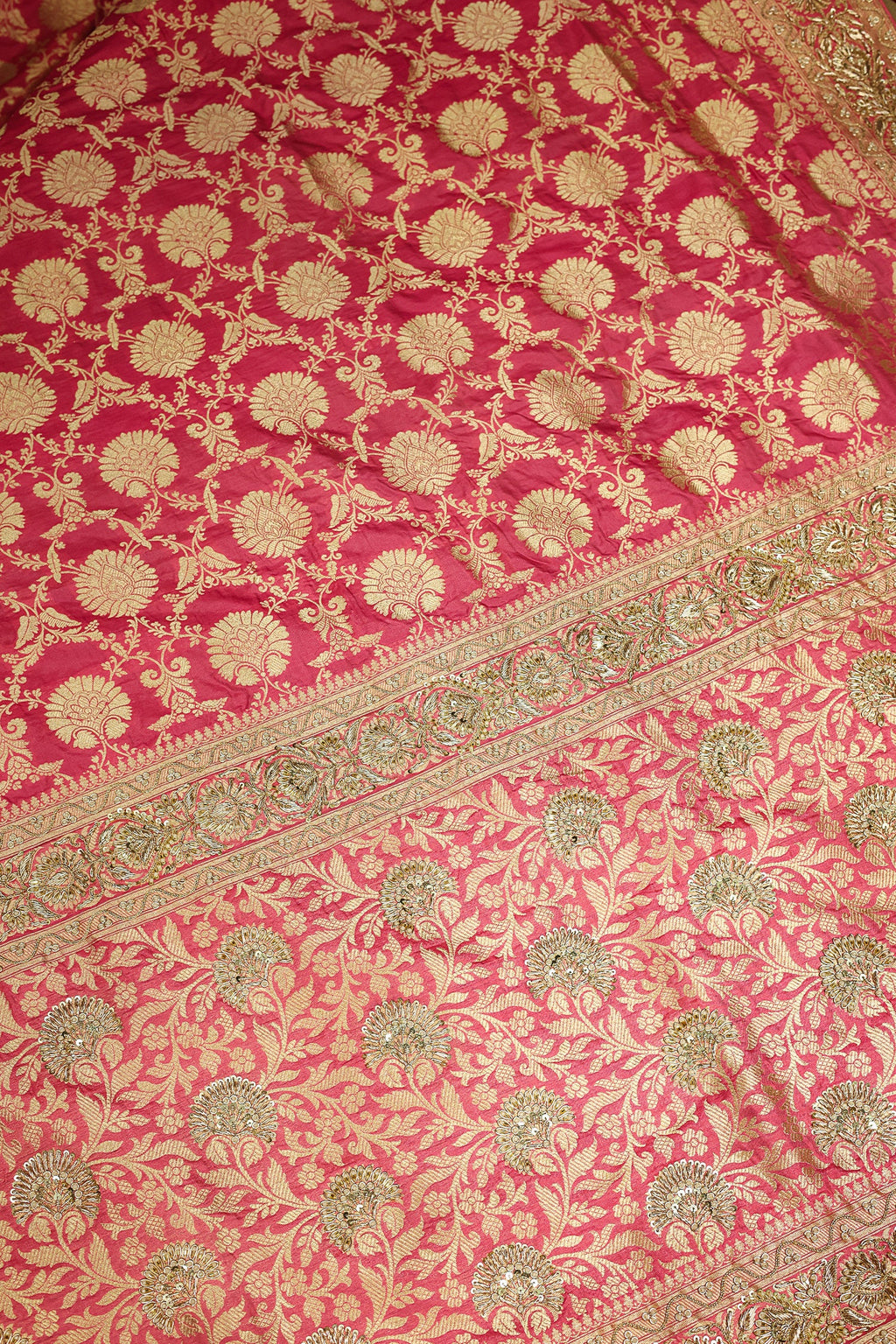 Rose Pink Banarasi Silk Traditional Floral Woven Saree with Beads and Zardosi Work - pink silk saree