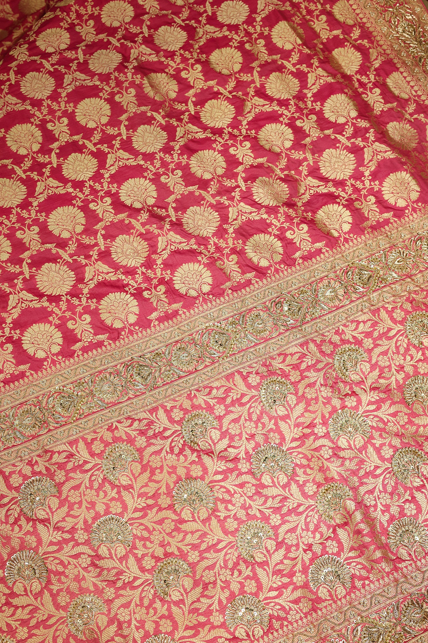 Rose Pink Banarasi Silk Traditional Floral Woven Saree with Beads and Zardosi Work - pink silk saree