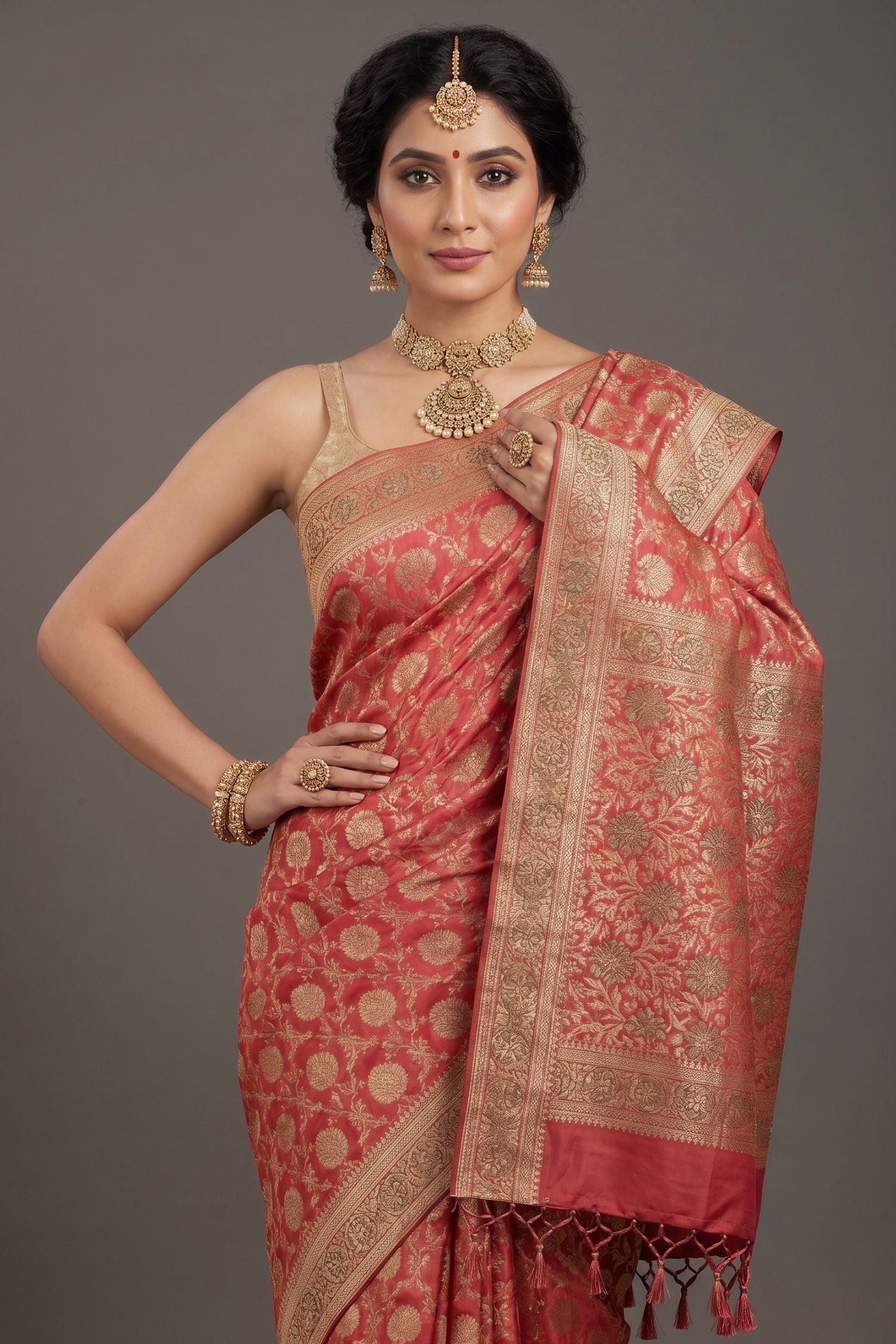 Rose Pink Banarasi Silk Traditional Floral Woven Saree with Beads and Zardosi Work - pink silk saree