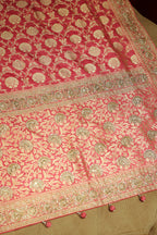 Rose Pink Banarasi Silk Traditional Floral Woven Saree with Beads and Zardosi Work - pink silk saree
