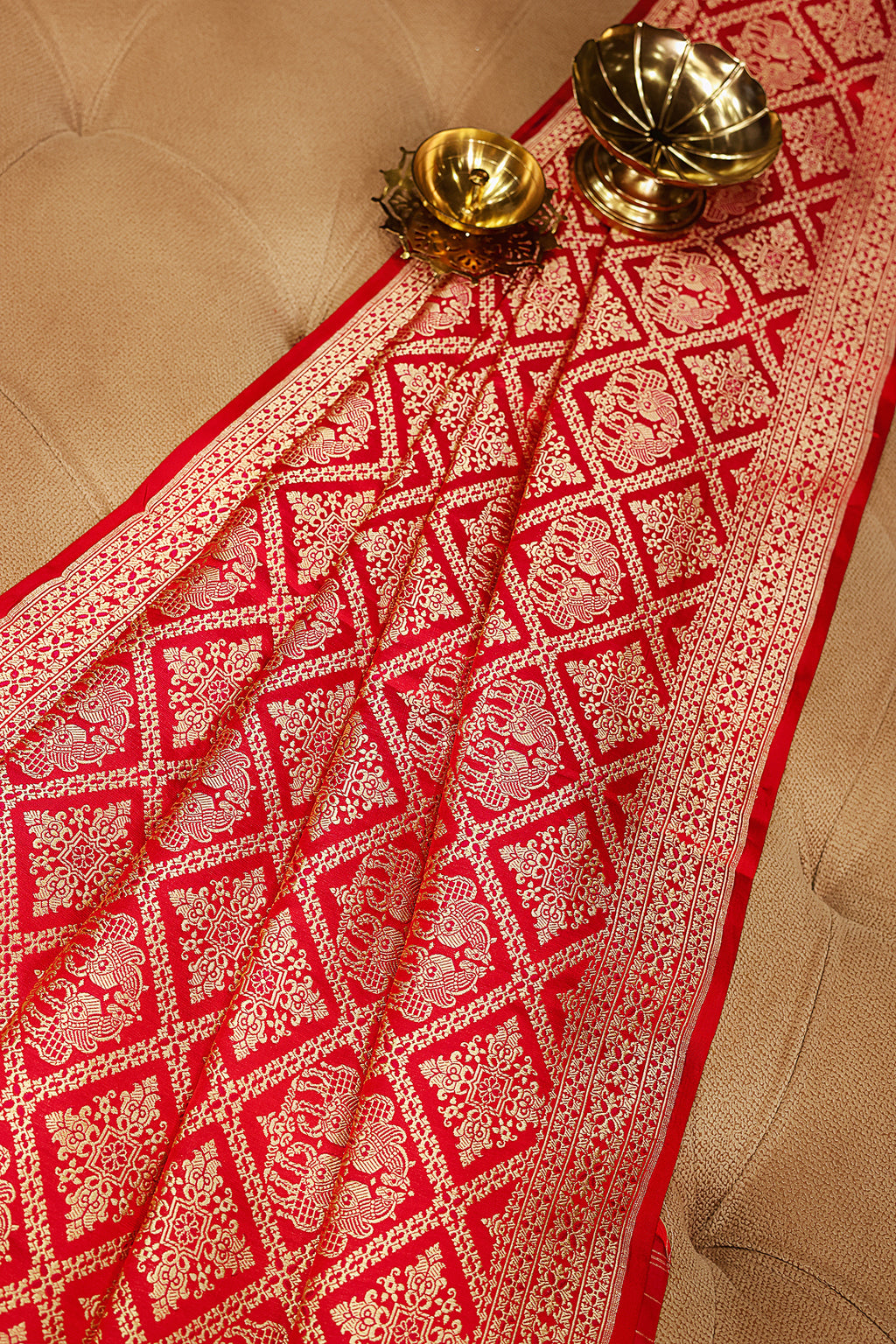 Red Banarasi Silk Traditional Checks Woven Saree - red silk saree