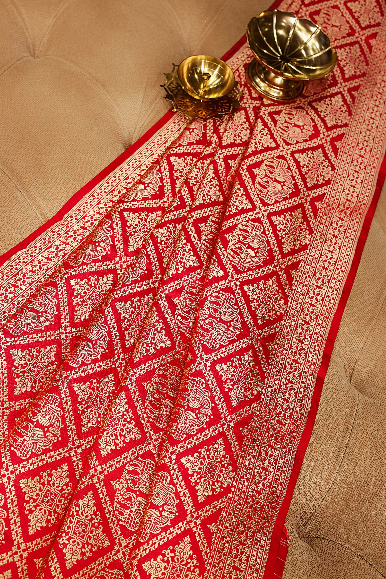 Red Banarasi Silk Traditional Checks Woven Saree - red silk saree