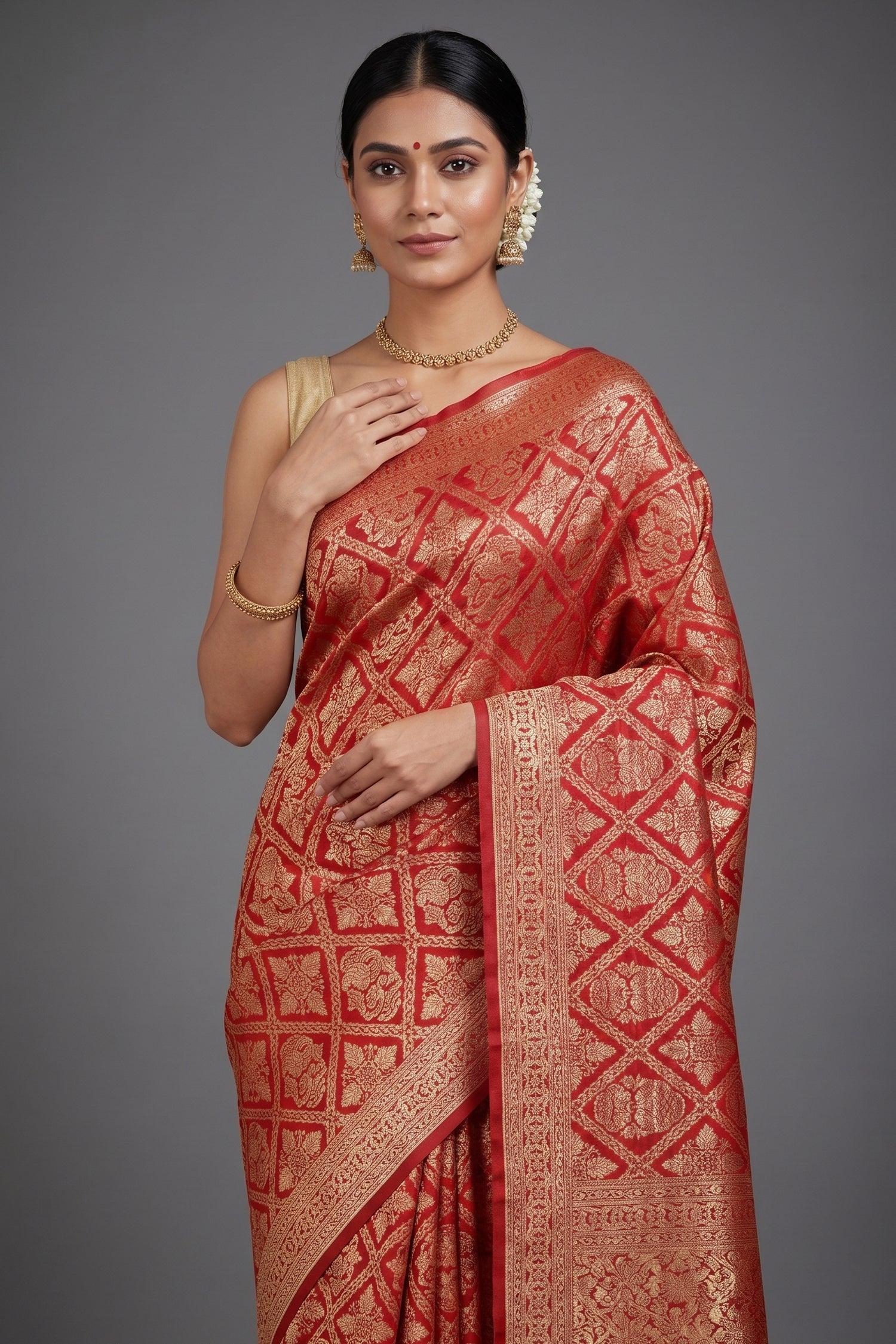 Red Banarasi Silk Traditional Checks Woven Saree - red silk saree