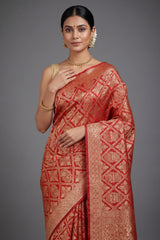 Red Banarasi Silk Traditional Checks Woven Saree - red silk saree