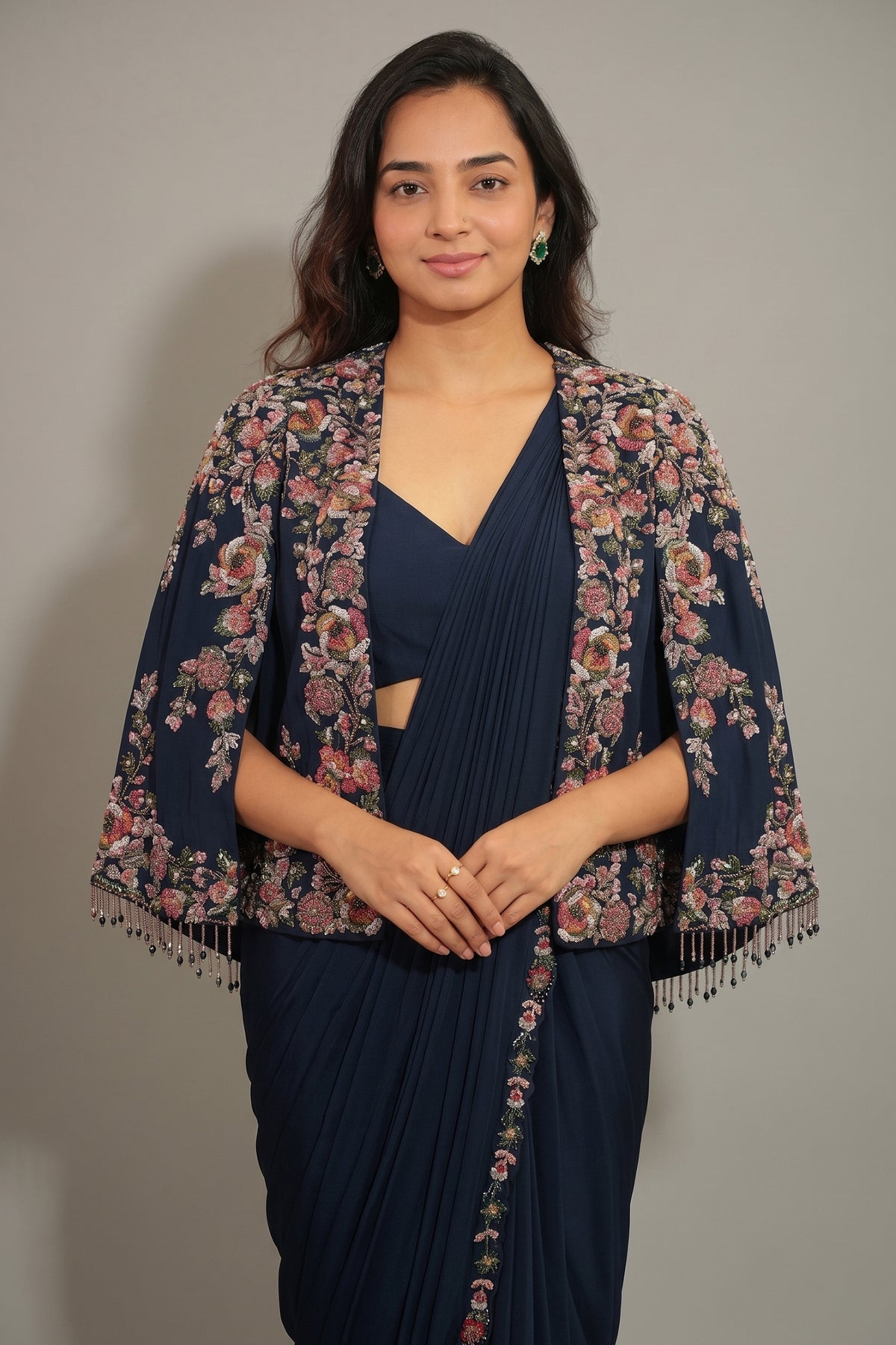 Navy Blue Crepe Silk Readymade Saree with Sequin Beaded Cape Jacket - blue silk saree