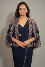 Navy Blue Crepe Silk Readymade Saree with Sequin Beaded Cape Jacket - blue silk saree