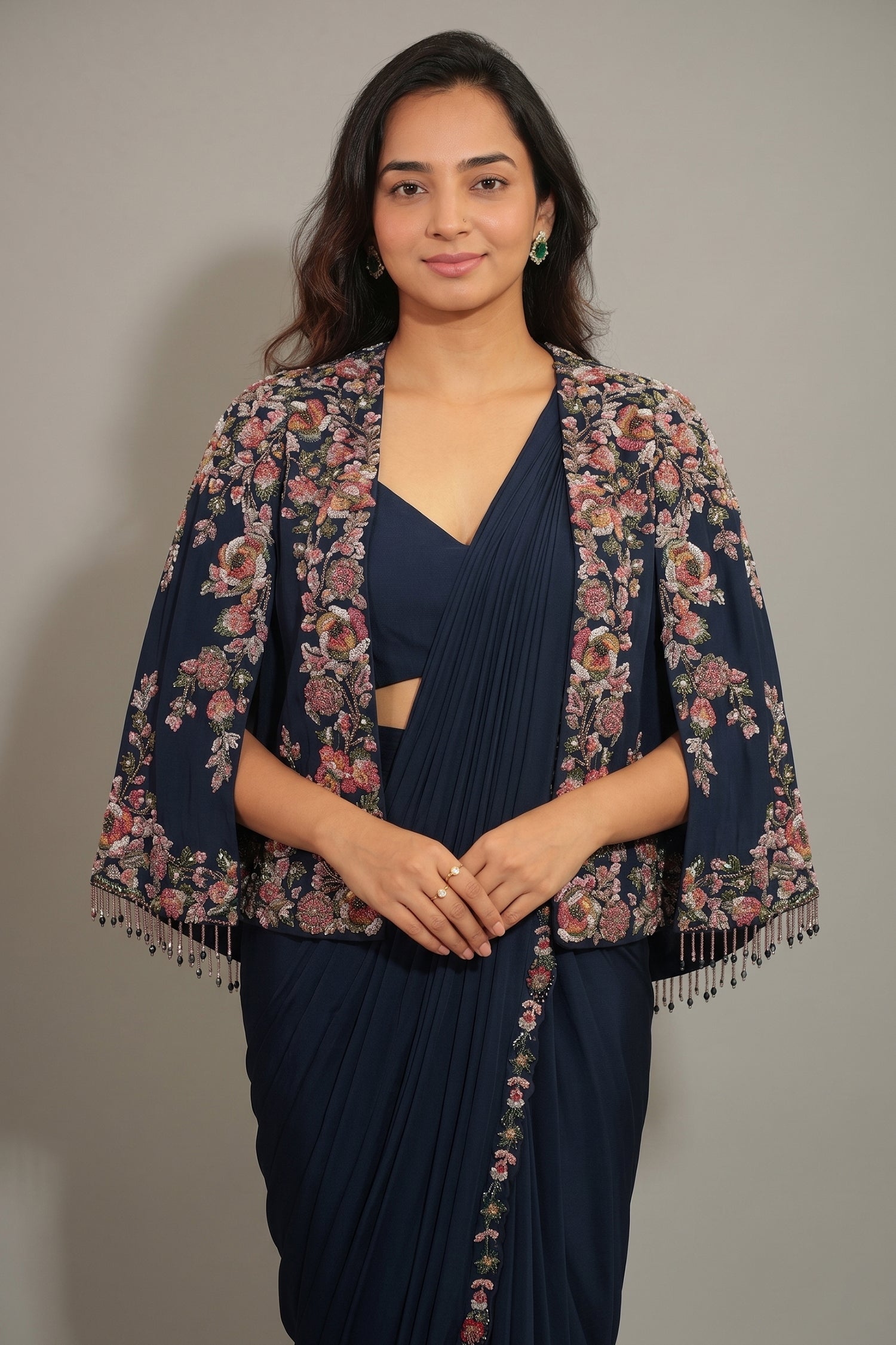 Navy Blue Crepe Silk Readymade Saree with Sequin Beaded Cape Jacket - blue silk saree