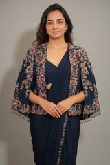 Navy Blue Crepe Silk Readymade Saree with Sequin Beaded Cape Jacket - blue silk saree