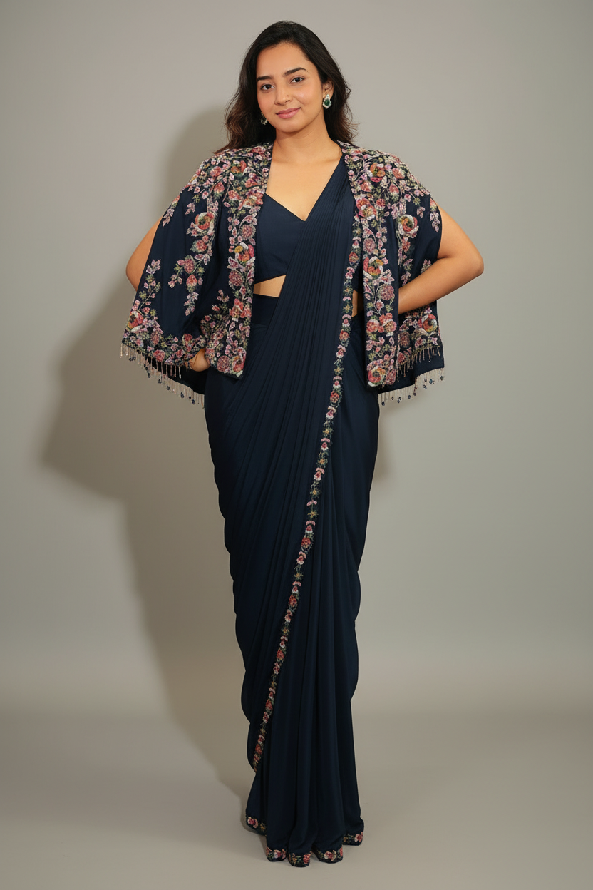 Navy Blue Crepe Silk Readymade Saree with Sequin Beaded Cape Jacket - blue silk saree Main image