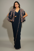 Navy Blue Crepe Silk Readymade Saree with Sequin Beaded Cape Jacket - blue silk saree