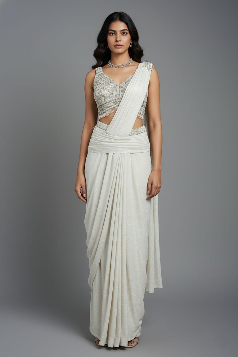 Off White Imported Lycra Readymade Saree with Cutdana and Diamond Work - white saree