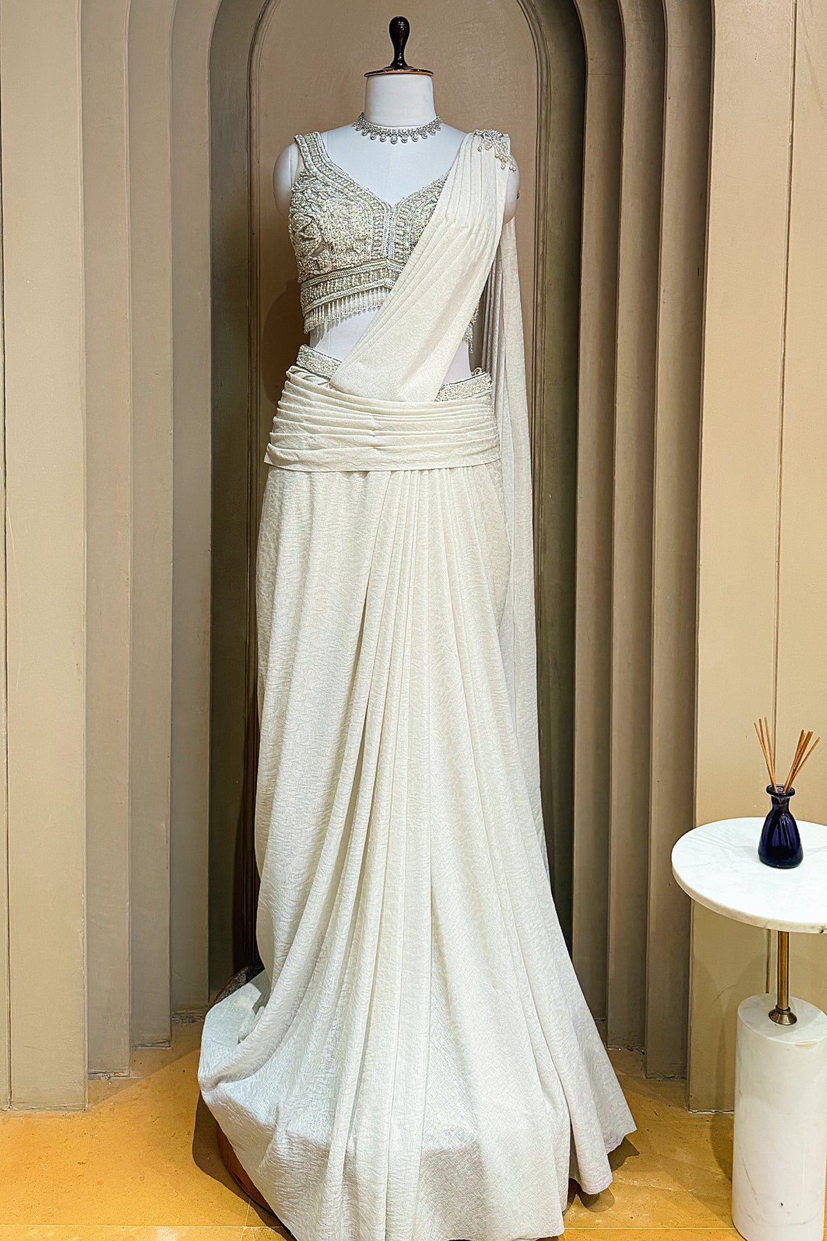 Off White Imported Lycra Readymade Saree with Cutdana and Diamond Work - white saree