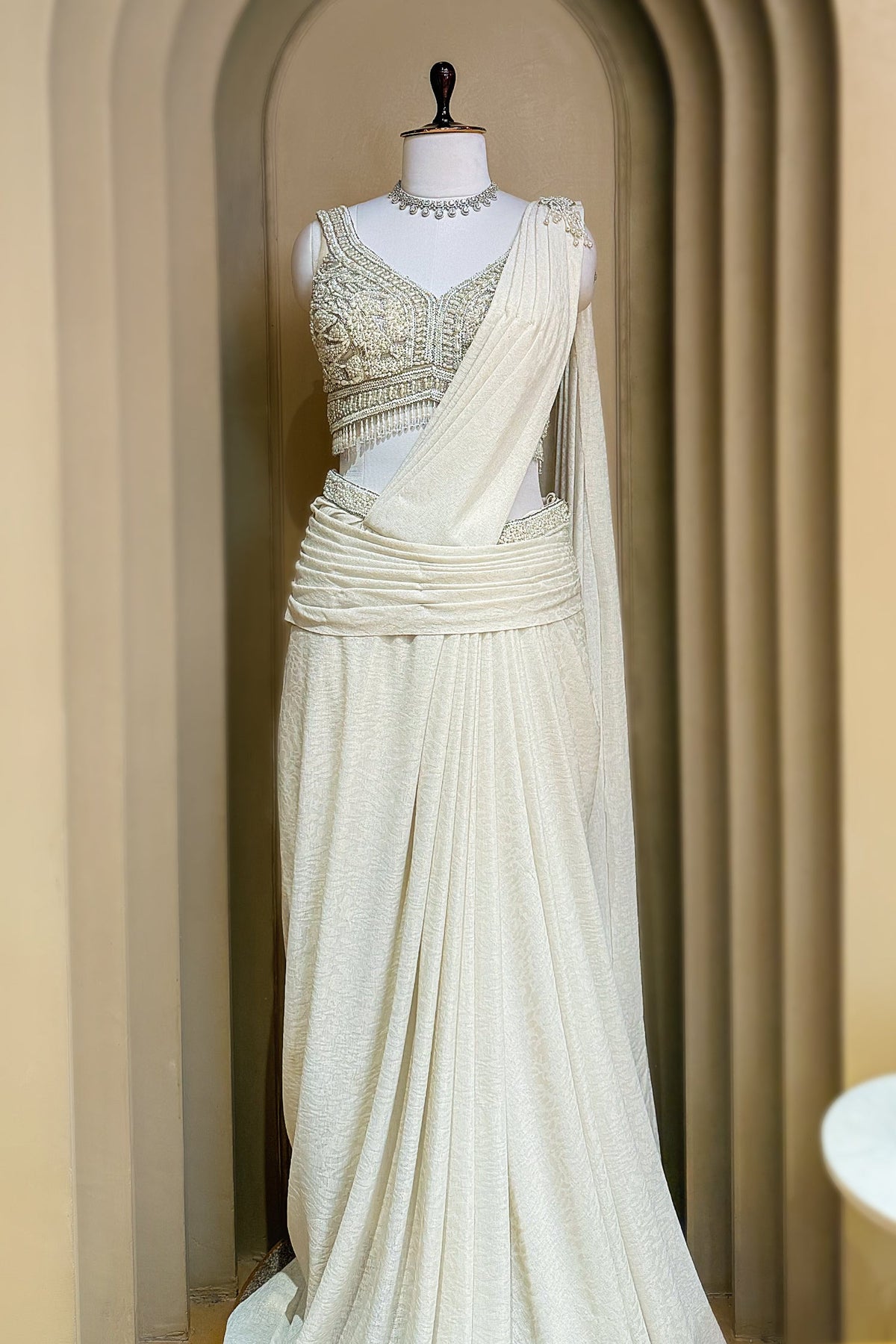 Off White Imported Lycra Readymade Saree with Cutdana and Diamond Work - white saree